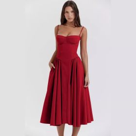 European And American Elegant Palace Style New Low-cut Suspender Large Swing Dress For Women (Option: Red-S)