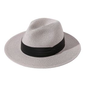 Women Men Wide Brim Straw Panama Roll up Hat Fedora Beach Sun Hat UPF50+ (Color: Grey)