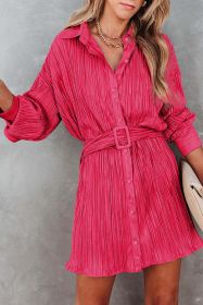 Rose 3/4 Sleeves Pleated Shirt and High Waist Shorts Lounge Set (Color: Rose1, size: L)