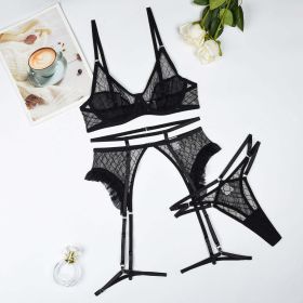 Bra Rhombus Mesh Stitching Perspective Sexy Underwear Four Piece Set (Color: Black, size: S)